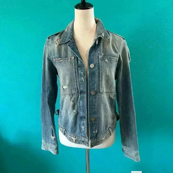 McGuire Womens Medium Wash Button Distressed Denim Jacket - Picture 1 of 4